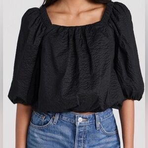 AYR The Midsummer Top Cotton Blouse Black Crop Puff Sleeve Textured Medium